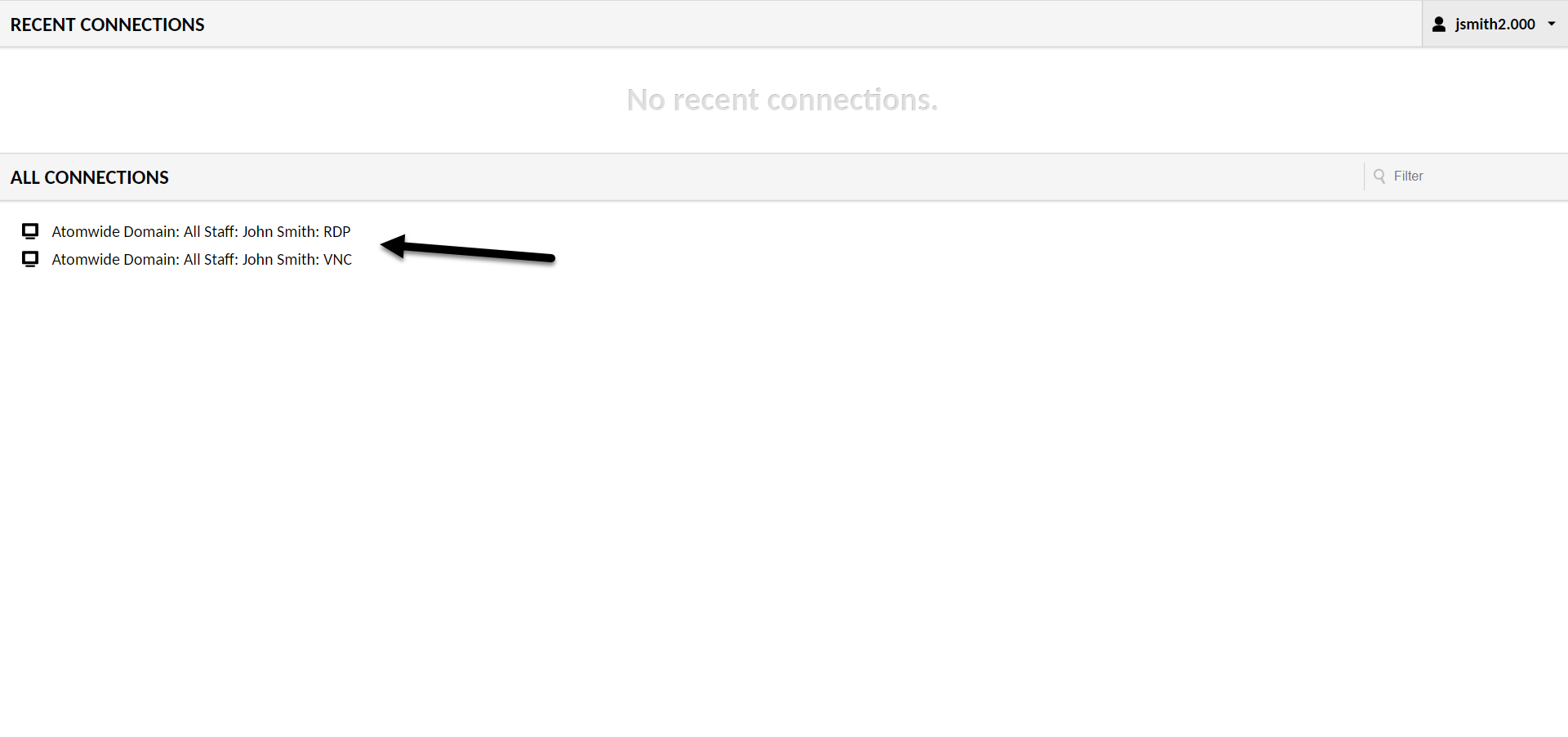 In this example I would click the link "Atomwide Domain: All Staff: John Smith: VNC to start a VNC connection to my machine. 